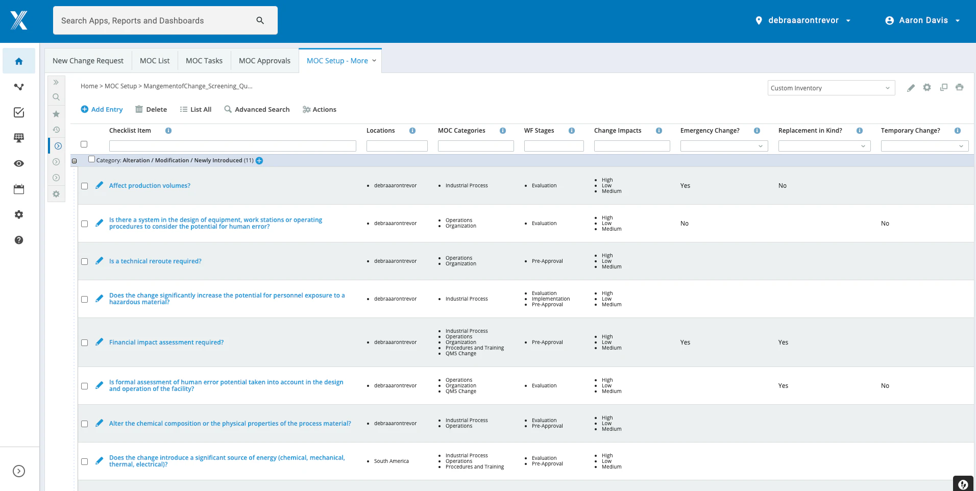 screenshot of Management of Change